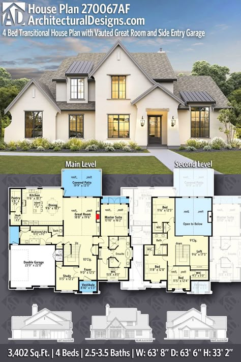 House Plan 270067AF gives you 3400 square feet of living space with 4 bedrooms and 2.5 - 3.5 baths