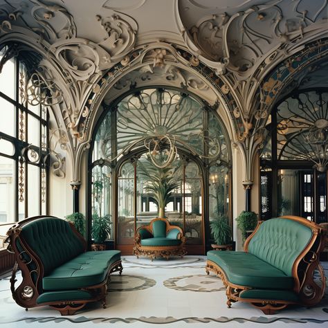 Art Nouveau: An ornamental style characterized by flowing lines, organic forms, and intricate details. Interior Design Art Nouveau, Art Nouveau Dark Academia, Modern Art Nouveau Interior Design, Modern Art Nouveau Architecture, Art Nouveau Steampunk, Art Nouveau Mansion, Art Nouveau Couch, Art Nouveau Cafe, Art Nouveau Living Room Interior Design