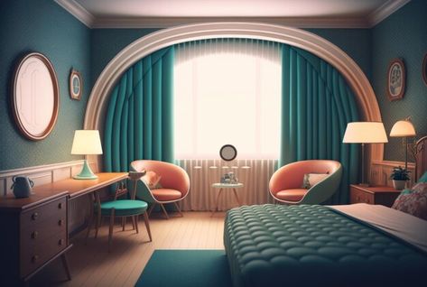 Retro hotel room graphic design 3d model... | Premium Photo #Freepik #photo #night-room #bedroom-background #bedroom #vintage-room Retro Hotel Room, Retro Bedroom Ideas 1950s, Streamline Moderne Interior, Hotel Room Background, Retro Bedroom Ideas, Model Background, Retro Hotel, Night Room, Background Bedroom