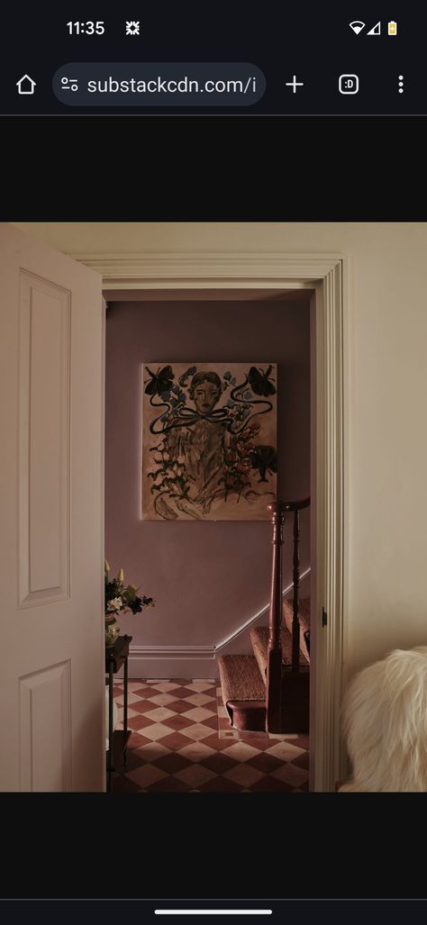 Hallway (Dark/north facing) Mylands Soho Pink walls, ceiling and skirting. Marble matt emulsion Paper and Paints Porphyry Red water-based gloss on stairs. Farrow and Ball Bancha on door. Lucy Williams house Red Hallway Ideas, Dark Pink Hallway, Dark Pink Ceiling, Small Dark Hallway, Dark Green Ceiling, Farrow And Ball Bancha, Front Door Farrow And Ball, Retro Hallway, Hallway Dark