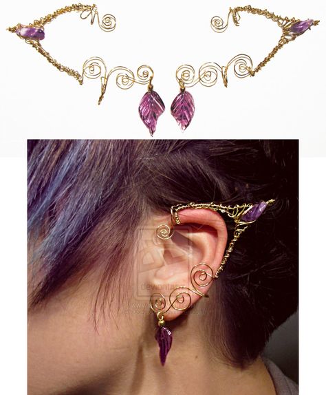 Wire-wrapped Elf Ear Cuffs in Gold and Amethyst.  How great would these be instead of cloth pixie ears? Elf Ear Cuff, Fairy Ears, Elf Ears, Fairy Makeup, Thranduil, Fairy Costume, Diy Schmuck, Bijoux Diy, Ear Jewelry