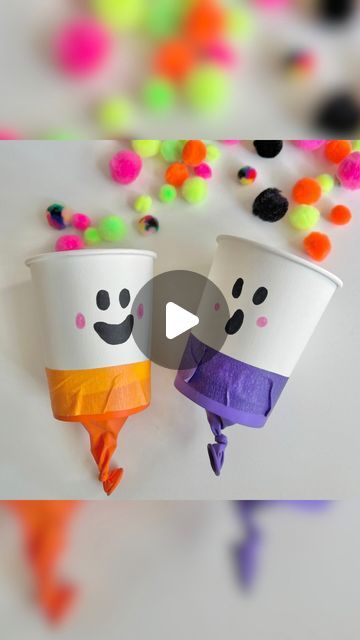 Tara Burns • The Littles Learn on Instagram: "👻 Save this Ghost Popper craft for the kids, they will have so much fun!! 👻  All you’ll need is: A paper cup A balloon Tape  Pom Poms Markers  👀 Draw your face onto the cup. 🎈 Tie a balloon then snip the top off. ✂️ Cut the base out of the paper cup then stretch the balloon over it, tape it in place. Then let the fun begin by adding some pom poms!!  Pull the balloon back and let go-pinging pom poms everywhere!!   👻 Turn it into a game by making simple targets or just have super fun pom pom battles!! Either way, this Halloween craft will definitely keep the kids busy! 🤩  ⭐️ Follow @the.littles.learn for more spooky season fun! ⭐️  #thelittleslearn #craftideasforkids #easycraftsforkids #easycraft ##easycrafts #sciencecrafts #steamactivities Pom Pom Games, Pom Pom Crafts For Kids, Kids Art Space, Kids Stem Activities, Halloween Straws, Paper Cup Crafts, Ghost Crafts, Halloween Paper Crafts, Balloon Crafts