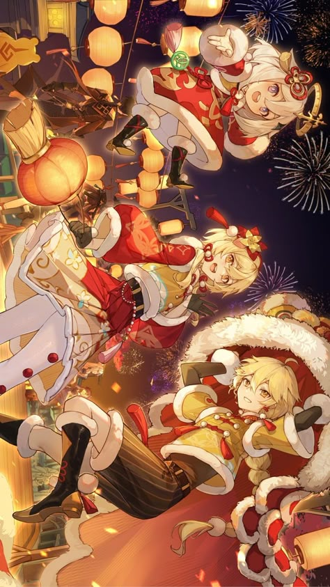 Anime New Year Wallpaper, Christmas Genshin Wallpaper, Lumine And Aether Fanart, Lumine Christmas, Genshin Christmas Wallpaper, Genshin Impact Christmas, Christmas Genshin, Paimon Lumine, New Years Wallpapers Aesthetic