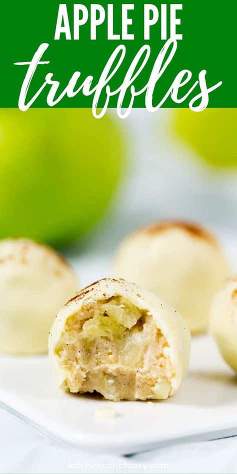 Apple Pie Truffles are one of a kind. Fresh apple truffles dipped in white chocolate and dusted with cinnamon. No baking required for these homemade truffles. #dessert #truffle #apple #pie #nobake #recipe #easy #best #fresh Apple Pie Truffles, Apple Truffles, No Bake Apple Pie, No Bake Truffles, Leftover Apples, Kitchen Sanctuary, Cheesecake Truffles, Homemade Truffles, Cheesecake Mix