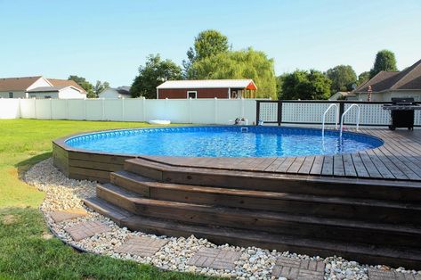 Semi Inground Pool Deck, Semi Above Ground Pool, Inground Pool Landscaping, Pool Deck Plans, Semi Inground Pools, Best Above Ground Pool, Swimming Pool Decks, Pools Backyard Inground, Above Ground Pool Landscaping