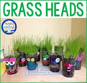 Pocketful of Centers: Spring Blog Hop Grass Seed Crafts Kids, Grass Activities Preschool, Seeds Preschool, Preschool Gardening, Kindergarten Writing Center, Grass Heads, Planting Grass Seed, Writing Center Kindergarten, Seed Craft