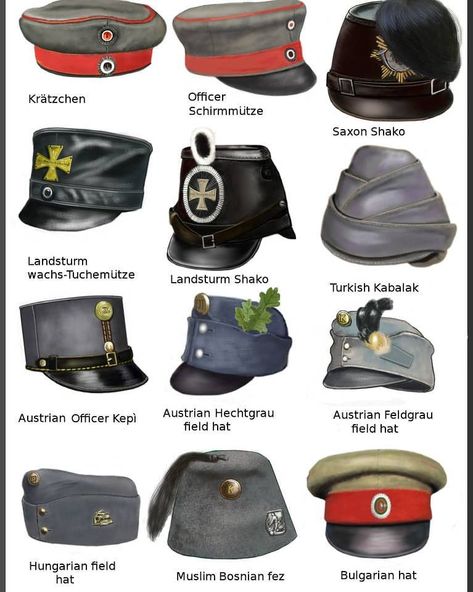 Central Powers Headgears during The Great War. . #thehistoryclub #ww1 #ww2 #militaria #historyalliance #ww1history #ww2history #warishell… Cursed Fanart, Military Headgear, Triple Alliance, Central Powers, German Uniforms, German Army, Military Equipment, Military Art, Military Uniform