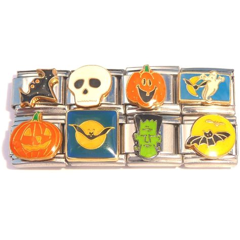 PRICES MAY VARY. High quality stainless steel Italian charm links Interchangeable and combinable with our entire line of Italian Charms as well as with all other major brands. Add to your existing charm bracelet or start a new one today. Interlocking charms (AKA links) hook to other charms using an internal spring. Set of 8 Different Halloween Italian charms. We use high quality stainless steel links to create our standard size 9mm charms which are compatible with all major brands. Italian Bracelet, Italian Charms, Accessory Inspo, Beaded Things, Halloween Bracelet, Iphone Wallpaper Pattern, Spring Set, Halloween Spooky, Dream Jewelry