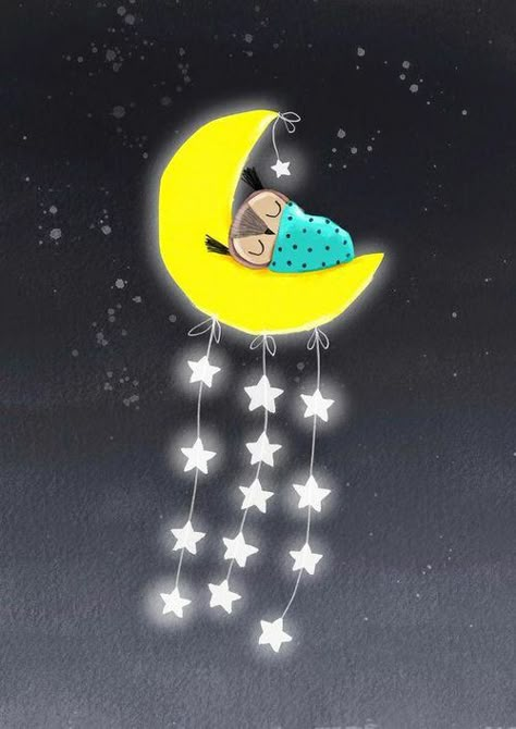 Sleeping On The Moon, Slaap Lekker, Moon Illustration, Nighty Night, Good Night Moon, Good Night Sweet Dreams, Beautiful Moon, Owl Art, On The Moon