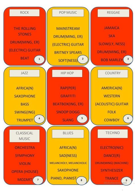 18 Taboo Cards on Music Genres (2 pages) | Taboo cards, Taboo game, Taboo Taboo Cards, Country Rap, Taboo Game, Jazz Hip Hop, Blues Music, Not Allowed, Music Genres, Snoop Dogg, Teaching English