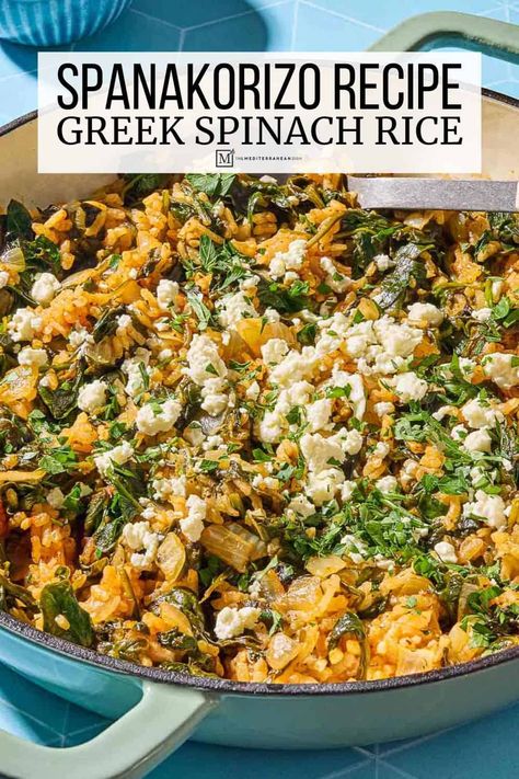 Spanakorizo, a Greek Spinach Rice recipe, of medium grain rice, loads of spinach, onion, herbs, and garlic. Comforting and delicious this spinach rice recipe gives you all the cozy, feel-good vibes. Spinach Rice Recipe, Medium Grain Rice, Greek Spinach, Rice Side Dish Recipes, Spinach Rice, Easy Mediterranean Diet Recipes, Rice Side Dishes, Greek Dishes, Spinach Recipes