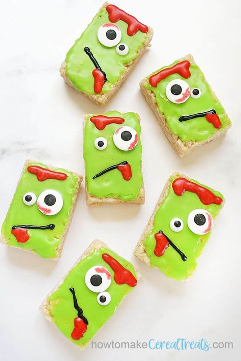 ZOMBIE RICE KRISPIE TREATS with icing. Fun and easy no-bake Halloween dessert idea. VIDEO recipe and more zombie food ideas. Zombie Food Ideas, Zombie Themed Party, Zombie Crafts, Zombie Halloween Party, Zombie Food, Zombie Kid, Zombie Birthday Parties, Idea Video, Candy Eyes