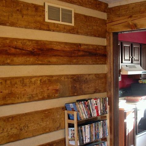 Paint rv cream, attach hooks, hang boards on outside to mimic log cabin. Set up false roof. Keep the nosy neighbors away! Faux Cabin Walls, Log Cabin Rooms, Cabin Walls, Log Walls, Diy Log Cabin, Log Cabin Interior, Log Home Interiors, Log Wall, Rustic Log Cabin