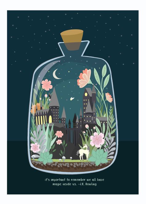 Hogwarts Terrarium, Magic Jar Illustration, Paper Terrarium, September Stickers, Terrarium Illustration, Jar Illustration, Terrarium Art, Magic Illustration, Castle Illustration