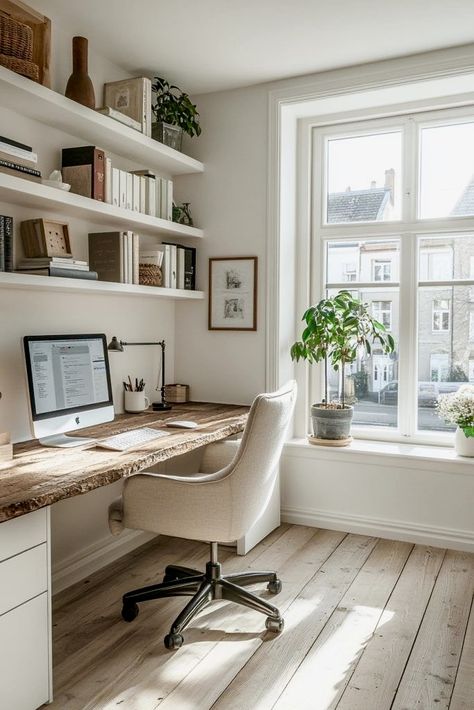 Long Home Office Desk, Long Work Desk, Modern Scandinavian Office Design, Office Interior Aesthetic, Workplace In Living Room, Light Office Ideas, Minimalist Study Space, Scandinavian Home Office Ideas, Home Office Scandinavian Style