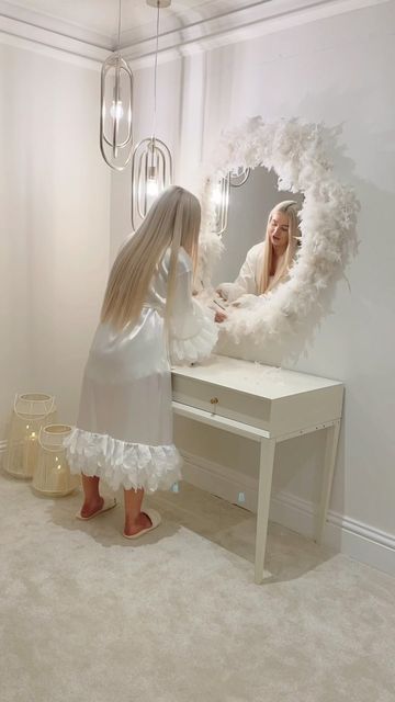 Feather Boa Decor, Feather Mirror Decor, Feather Mirror Frame, Feather Room Decor, Clubhouse Decor, Feather Mirror, Glam Bar, Rowen Homes, Suite Ideas