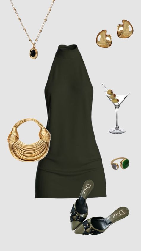 Heavy Accessories Outfit, Taco Night Outfit Ideas, Night Out Outfit Miami, Going Out For Dinner Outfit Classy, Going Out Dress Aesthetic, Chic Green Outfit, Baddie Dinner Outfits Classy, Black Dress Dinner Outfit Classy, Baddie Outfits Going Out