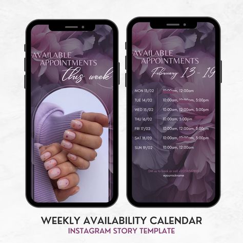 Weekly Availability Calendar Template, Dark Floral Instagram Calendar, Available Appointments Canva Template, Nail Tech Planner, Lash Tech Available Appointments, Instagram Calendar, Appointment Calendar, Lash Tech, Calendar Templates, Schedule Template, Cover Template, Dark Floral, Beauty Business