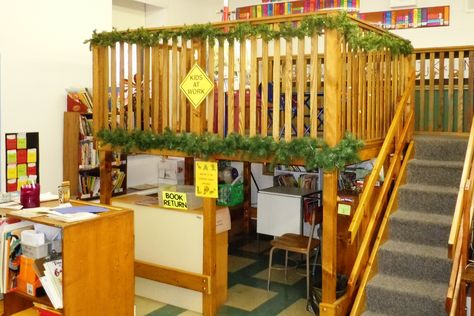 Classroom reading loft Reading Loft Classroom, Playroom Loft Ideas, Loft Classroom, Built In Desk With Shelves, Classroom Loft, Loft With Desk, Bedroom Twin Bed, Playroom Loft, Home Playground