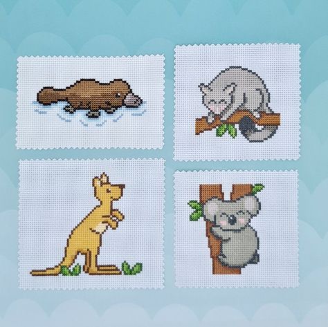 Picture of 4 cross stitch patterns: Kangaroo, Platypus, Possum, Koala Australian Cross Stitch Patterns, Koala Cross Stitch Pattern, Aussie Animals, Animals Cross Stitch, Cross Stitch Cute, Stitch Cute, Easy Cross Stitch, Animals Pattern, Animal Cross Stitch Patterns