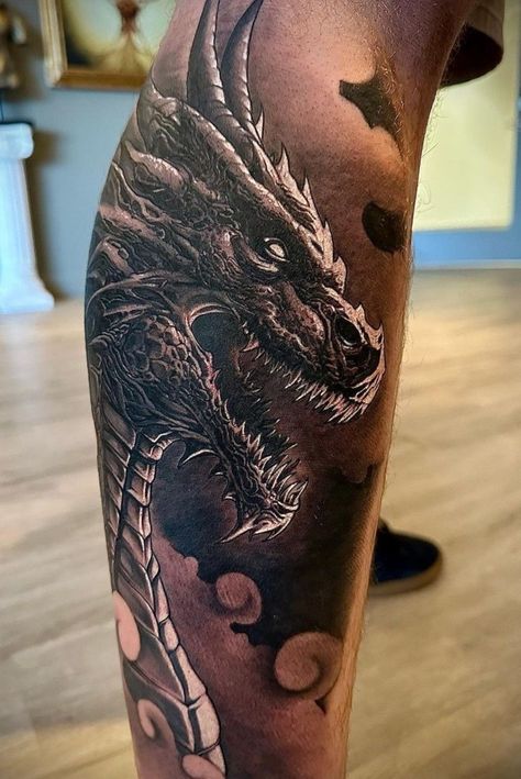 Dragon Calf Tattoo Men, Dragon Tattoo Calf, Gyarados Tattoo, Dragon Tattoo Realistic, Dragon Tattoo Leg, Dragon Reference, Calf Tattoo Men, Cute Halloween Tattoos, Dragon Head Tattoo