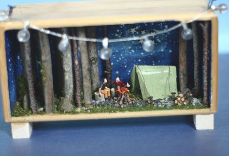 Camping Diorama, Miniature Camping, Shoebox Diorama, Diy Tent Camping, American Girl Dollhouse, Camping Scene, Tree Camping, Chuck Box, Shell Decorations