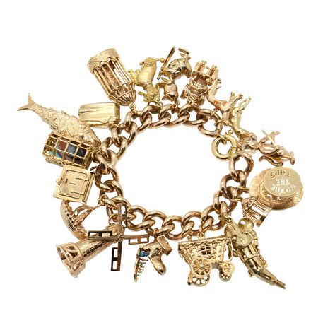 A 1960s Gem Set Gold Charm Bracelet | From a unique collection of vintage charm bracelets at https://www.1stdibs.com/jewelry/bracelets/charm-bracelets/ Antique Charm Bracelet, Bracelet With Charms, Vintage Charm Bracelet, Jewelry Bracelets Gold, Bracelets Gold Diamond, Gold Charm Bracelet, Bracelet Collection, Gold Charm, Turquoise Jewelry