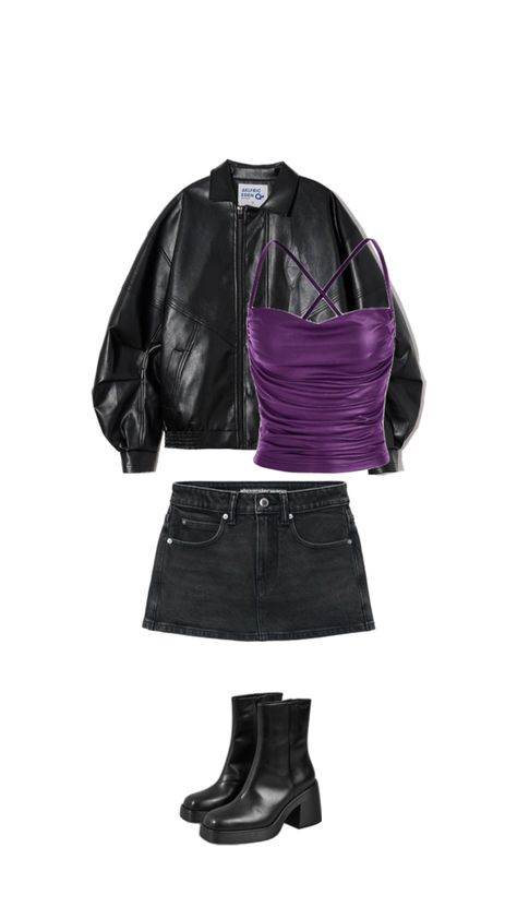 Concert outfit fit clothes top shirt bottoms skirt boots leather jacket concert inspo purple and black Black And Purple Outfit, Purple Skirt Outfit, Black Leather Skirt Outfit, Black Leather Jacket Outfit, Skirt Boots, Purple Outfit, Leather Skirt Outfit, Fit Clothes, Chase Atlantic