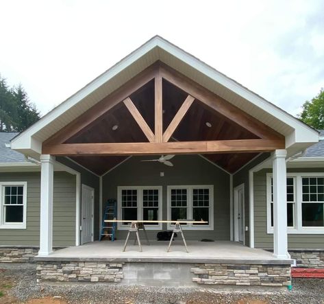 Gabled Pergola Attached To House, Back Porch Gable Roof, How To Add A Covered Porch To House, Large Gable Front Porch, Add A Covered Back Porch, Gable Front Porch Addition, Add On Covered Back Porch, Gable Roof Patio Cover, Open Beam Front Porch