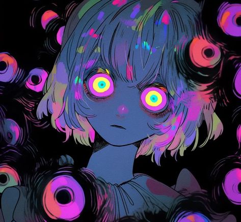 Hypnotic Eyes Drawing, Glowing Eyes Art, Colorful Pfp, Scary Eyes, Arte Grunge, Glowing Eyes, Neural Network, Scary Art, Neon Art