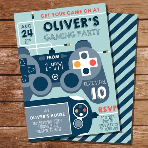 Boys Gaming Party Invitation | Boys Party Ideas | Pin to your party planning board Teen Party Themes, Nintendo Birthday Party, Rocket Party, Birthday Party Invitations Free, Boy Party Invitations, Gaming Party, Gamer Party, Fireman Party, Video Games Birthday