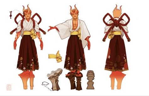 Japanese Exorcist Character Design, Fantasy Japanese Clothing Male, Japanese Dnd Character, Samurai Inspired Fashion, Oni Art Male, Japanese Character Design Male, Oni Clothes, Oni Oc Male, Demon Character Design Male