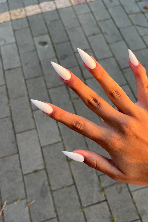 gel nails, pointy nails, summer nails inspo, sunset, aesthetic nails, winter nails inspo, cute nails inspo, grunge nails, white nails, long nails, milky-white nails, nails, acrylic nails, nails ideas, summer nails, nails 2023 White Nails Pointy, Milky Stiletto Nails, Pointy White Nails, Milky White Stiletto Nails, White Pointy Nails, Nails Inspo Cute, French Tips White, Nails Pointy, Nails Milky