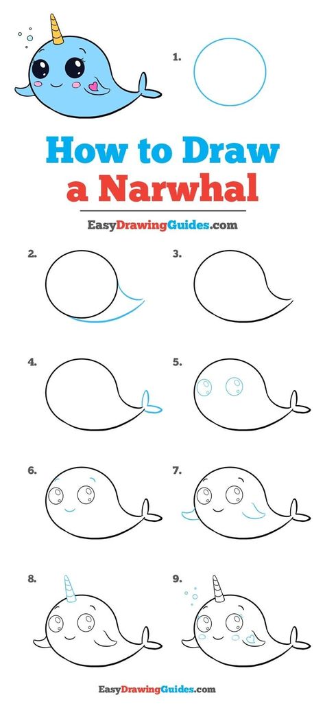 Learn How to Draw a Narwhal: Easy Step-by-Step Drawing Tutorial for Kids and Beginners. #Narwhal #DrawingTutorial #EasyDrawing See the full tutorial at https://easydrawingguides.com/how-to-draw-a-cute-narwhal/. Narwhal Drawing, Trin For Trin Tegning, Cute Narwhal, Drawing Tutorials For Beginners, Drawing Eyes, Easy Drawing Tutorial, Drawing Tutorials For Kids, Drawing Faces, Drawing Tutorial Easy