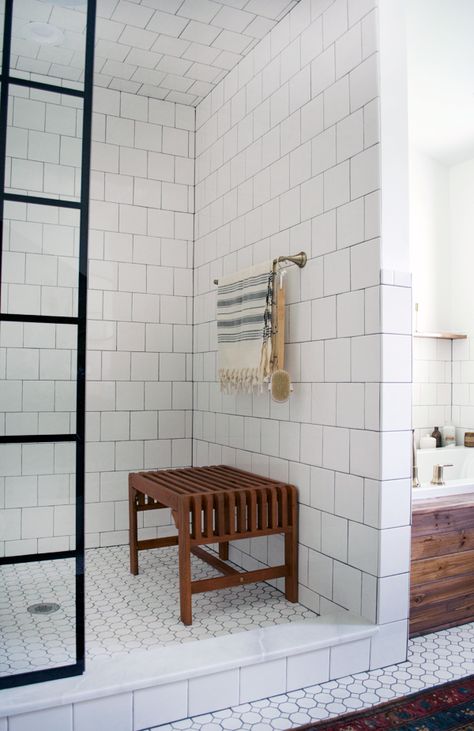 Vintage Look Bathroom, Vintage Bathroom Makeover, Modern Vintage Bathroom, Octagon Tile, Bathroom Bench, Tiled Bathroom, Best Kitchen Design, Teak Bench, Tiled Shower