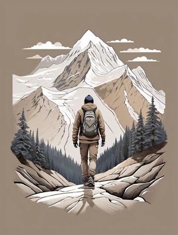 Premium AI Image | Minimalist Illustration of Man Hiking a Mountain Alone TShirt Design Illustration Mountains Illustration Art, Mountain T Shirt Design, Nature Tshirt Design, Hike Drawings, Nomadic Illustration, Trekking Illustration, Discover Illustration, Hiker Drawing, Rustic Graphic Design