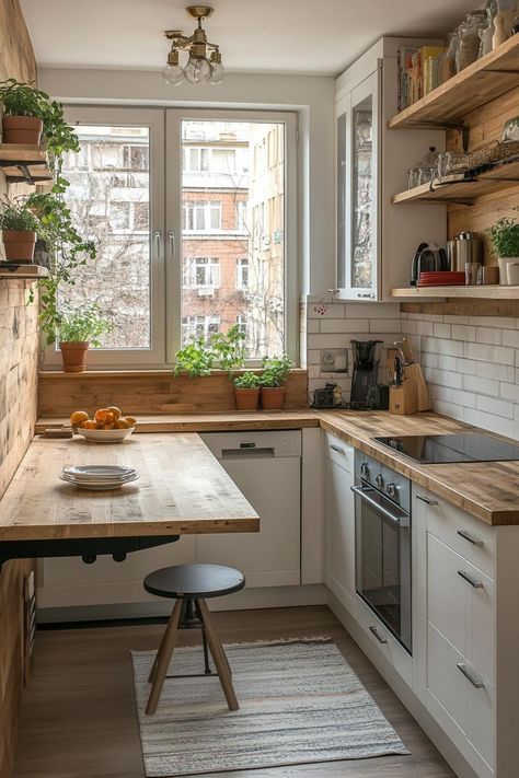 20 Genius Tiny Kitchen Ideas for Small Apartments 32 Tiny Home Kitchen Table, Small Kitchen Ideas Japan, Small Kitchen With Table, Ikea Kitchen Tiny House, Small Flat Ideas, Small Nyc Apartment Aesthetic Kitchen, Tiny House Big Kitchen, Tiny Home With Big Kitchen, Apartamento Garden