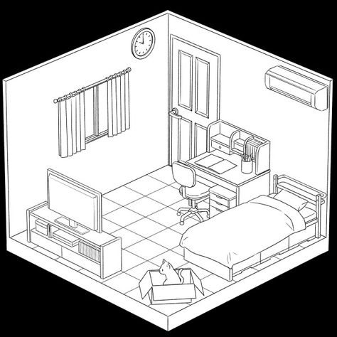 Its a room☺️ Room Perspective Drawing, Interior Architecture Sketch, Drawing Grid, Bedroom Cartoon, App Drawings, Furniture Design Sketches, Window Drawing, Perspective Drawing Lessons, Interior Design Renderings