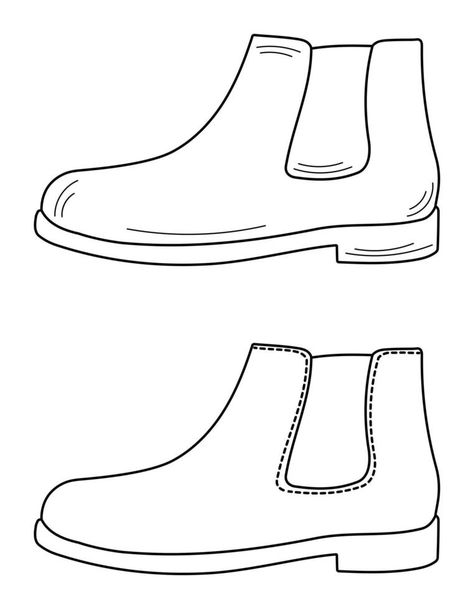 Silhouette outline sketch drawing of mens chelsea boots. Model of mens shoes. Isolated vector Shoe Sketches Drawings, Boot Sketch, Shoe Outline, Boot Drawing, Boots Drawing, Mens Chelsea Boots, Easter Templates Printables, Silhouette Outline, Easter Templates