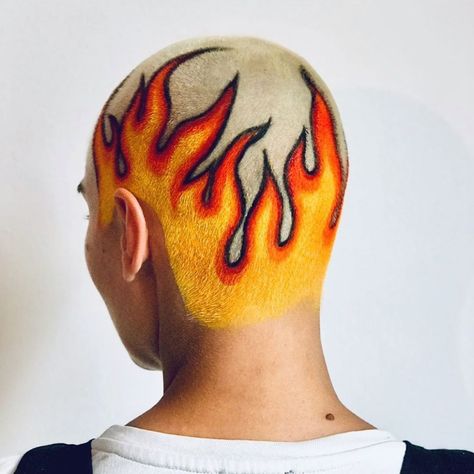 Fire Haircut, Shaved Head Designs, Flame Hair, Dyed Hair Men, Shaved Hair Designs, Buzzed Hair, Fire Hair, Creative Hair Color, Men Hair Color