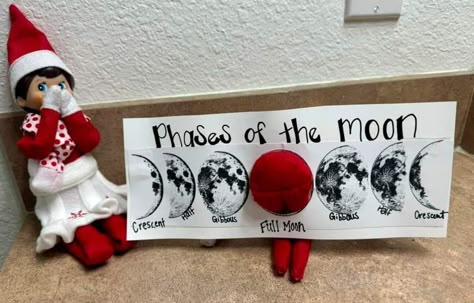 Elf Phases Of The Moon, Full Moon Elf On The Shelf, Stages Of The Moon, Shelf Staging, Moon Stages, Moon Elf, Elf On Shelf, Awesome Elf On The Shelf Ideas, Funny Pix