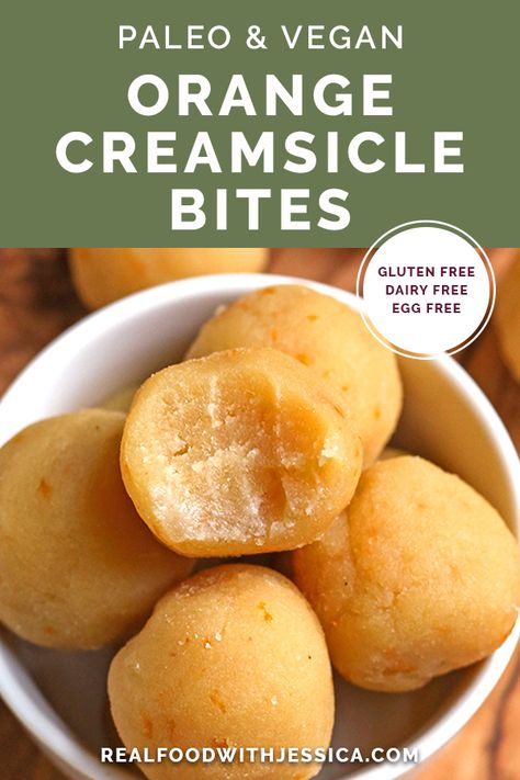 These Paleo Vegan Orange Creamsicle Bites are simple to make and so delicious! Soft, sweet and also gluten free, dairy free, and naturally sweetened. #paleo #vegan #glutenfree #dairyfree #healthy | realfoodwithjessica.com @realfoodwithjessica Vegan Orange Creamsicle, Primal Living, Paleo Recipes Dessert, Healthy Snacking, Autoimmune Paleo, Vegan Kids, Paleo Desserts, Dairy Free Eggs, Bliss Balls