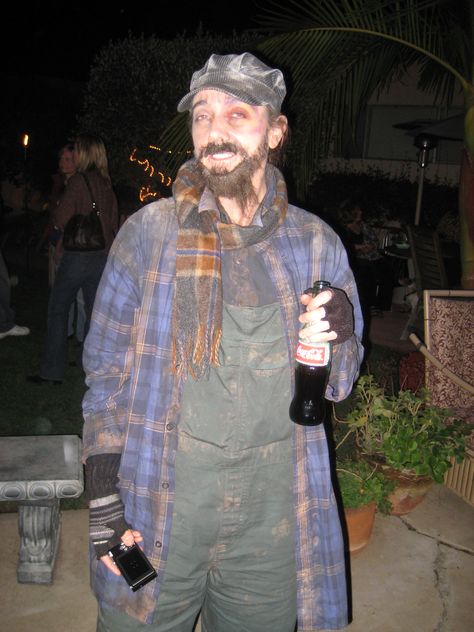 Back in the day, the "Hobo" costume was the way to go. I purchased most of the stuff at the thrift store and faux finished the "dirt" with black paint so I could wash it. I used a little talculm powder for "travel dust" Hobo Party Costume, Hobo Costume Ideas, Hobo Style Outfits, Homeless Aesthetic Outfit, Hobo Aesthetic, Hobo Costume, Hobo Outfit, Hobo Dress, Folk Punk