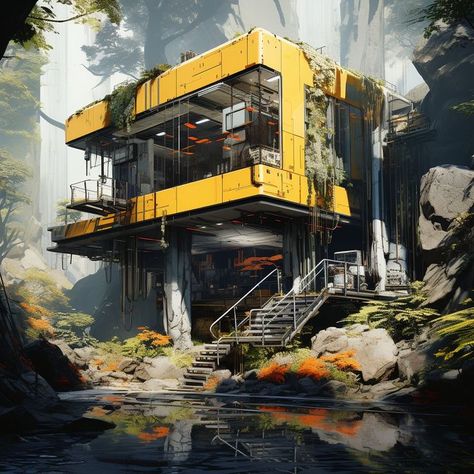 Cyberpunk Building Concept Art, Cyberpunk Environment Concept Art, Satisfactory Game, Cottagecore Cyberpunk, Scifi Building, Scifi Environment, Sci Fi Building, Sci Fi Architecture, Sci Fi Landscape