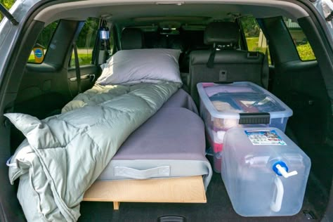 Diy Living In Your Car, Back Of Car Camping, Ford Escape Car Camping, Minivan Car Camping, Diy Camping Bed Ideas, Stealth Car Camping, Suv Car Camping Setup, Compact Car Camping, How To Live In Your Car