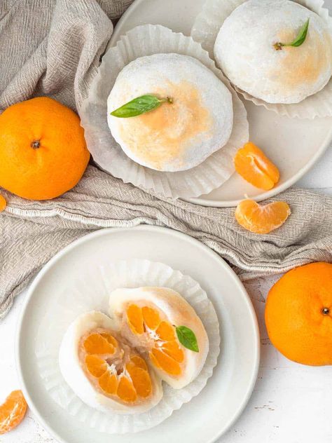 Mandarin Mochi - Catherine Zhang Mochi Skin, What Is Mochi, Asian Dessert Recipes, Japanese Treats, Red Bean Paste, Favorite Dessert Recipes, Red Bean, Butter Beans, Glutinous Rice