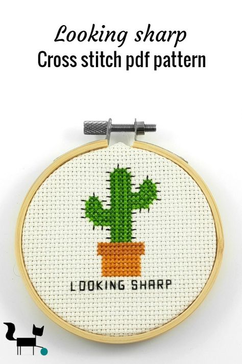 This funny looking sharp cross stitch pdf pattern can be used to make the perfect gift for any cactus lover. I can made in an afternoon or so using only 6 DMC colors. #lookingsharp #cactus #crossstitchpattern Unicorn Cross Stitch Pattern, Cactus Cross Stitch, Art Geek, Cross Stitch Beginner, Subversive Cross Stitch, Animal Cross Stitch Patterns, Cross Stitch Supplies, Pola Kristik, Cross Stitch Bookmarks