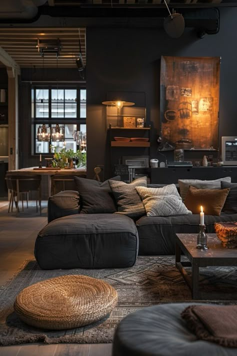 Gray And Dark Wood Living Room, Industrial Wall Paint Ideas, Dark Flat Design, Dark Contemporary Interior, Black Room With Wood Accents, Masculine Coastal Living Room, Living Room Designs Dark Wood, Dark Color Interior Design, Dark Gray Room