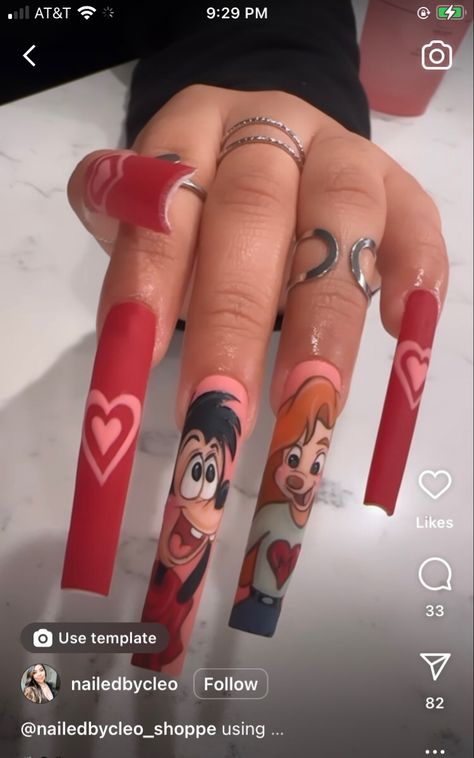 Goofy Movie Nail Art, Valentine Cartoon Nails, Character Valentines Nails, Character Acrylic Nails, Disney Valentines Nails, Cartoon Character Nail Art, Movie Nails, Xl Nails, Nails Disney