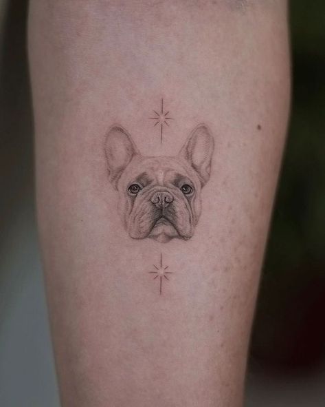 Single Needle Dog Tattoo, Dog Tattoo French Bulldog, Realism Dog Tattoo, Dior Tattoos, French Bulldog Tattoo Minimalist, French Bulldog Tattoos, Frenchie Tattoos, France Tattoo, French Bulldog Drawing